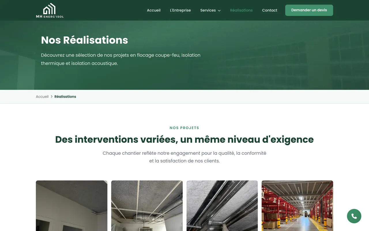 Page « Réalisations » du site de MH ENERG’ISOL, sur ordinateur.