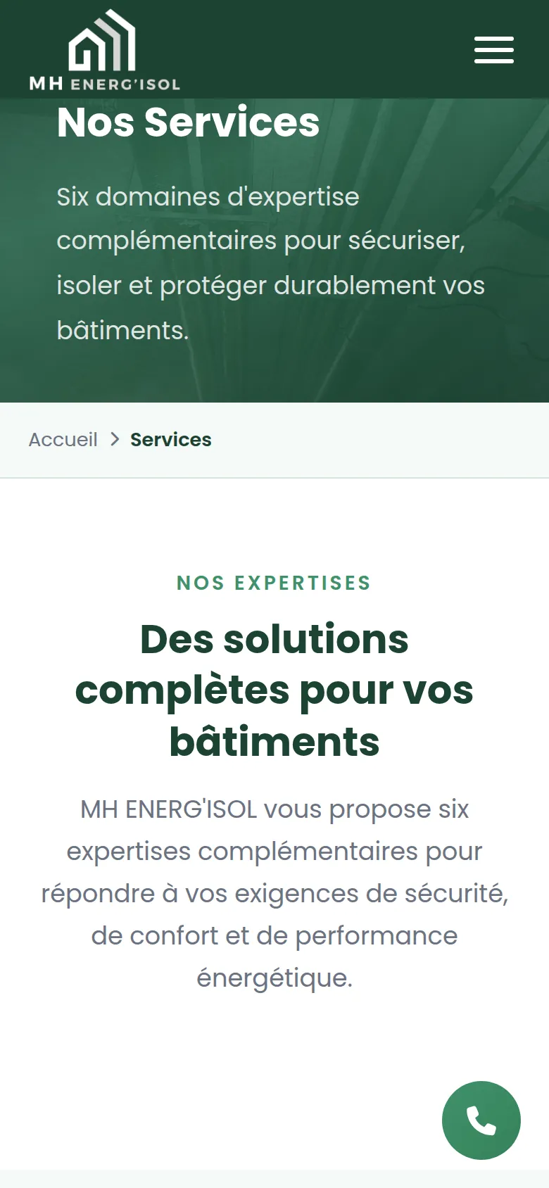 Page « Services » du site de MH ENERG’ISOL, sur téléphone.