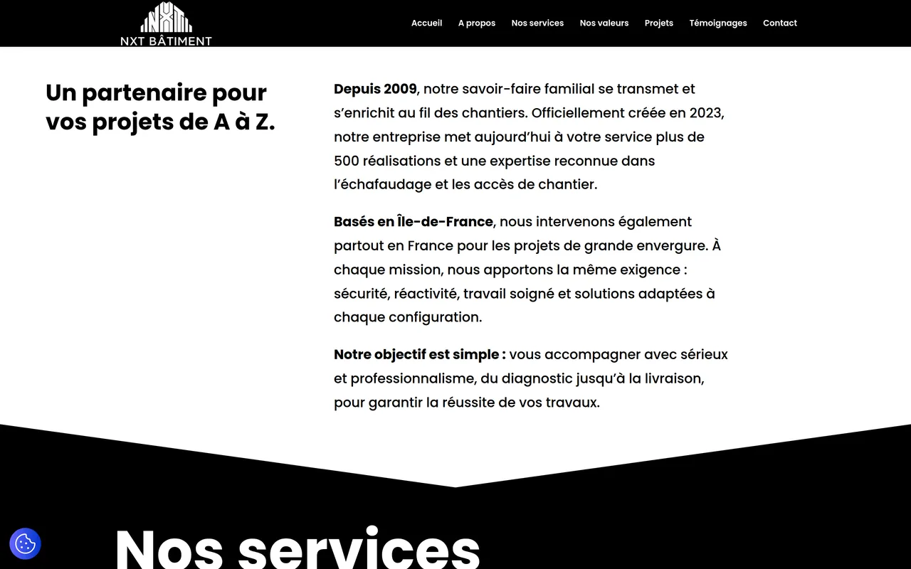 Section « A propos » de l’accueil du site de NXT Bâtiment, sur ordinateur.