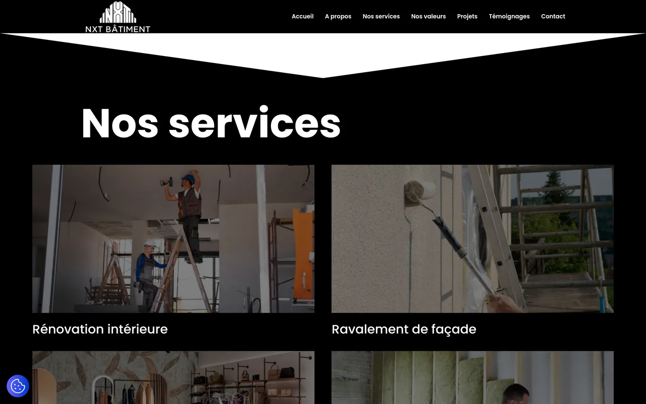Section « Nos services » de l’accueil du site de NXT Bâtiment, sur ordinateur.
