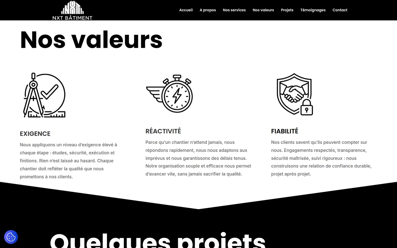 Section « Nos valeurs » de l’accueil du site de NXT Bâtiment, sur ordinateur.