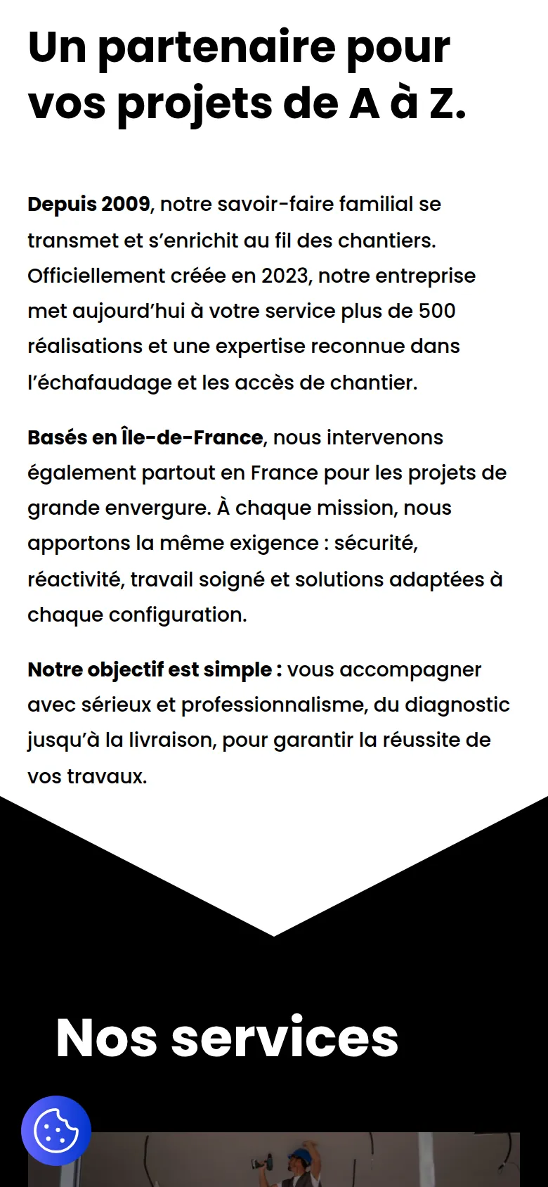 Section « A propos » de l’accueil du site de NXT Bâtiment, sur téléphone.