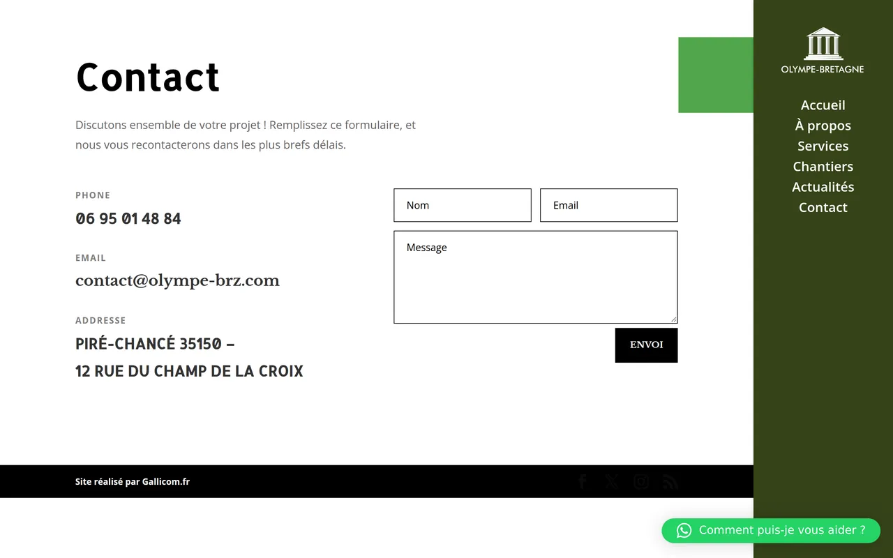 Page « Contact » du site d’Olympe, sur ordinateur.