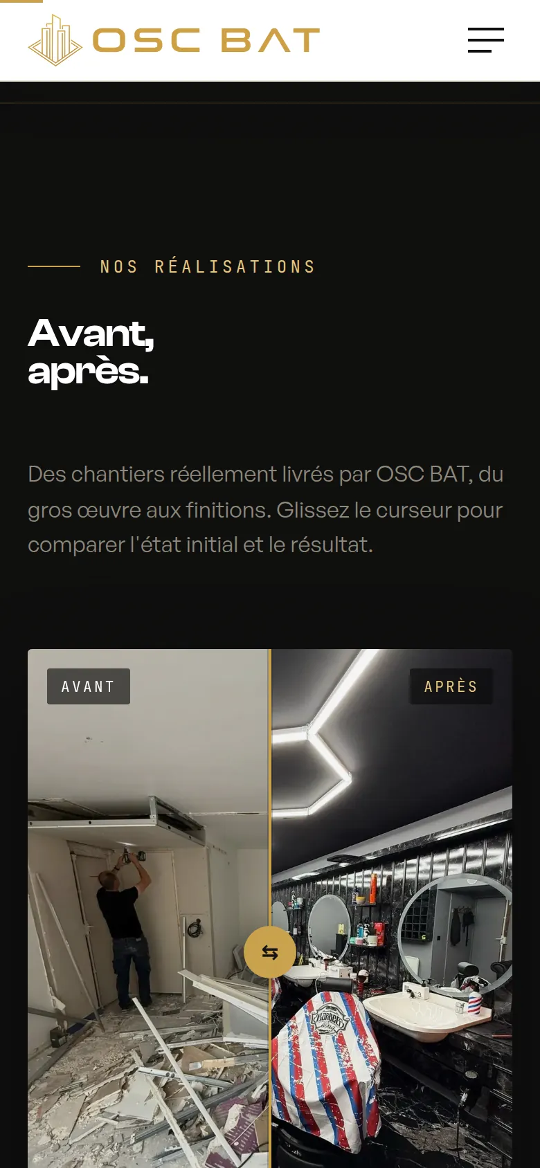 Section « Réalisations » de l’accueil du site d’OSC BAT, sur téléphone.