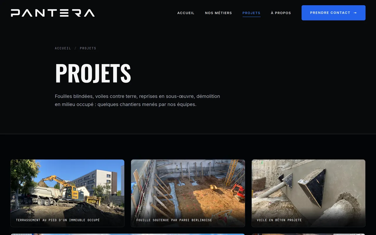 Page « Projets » du site de Pantera TS, sur ordinateur.