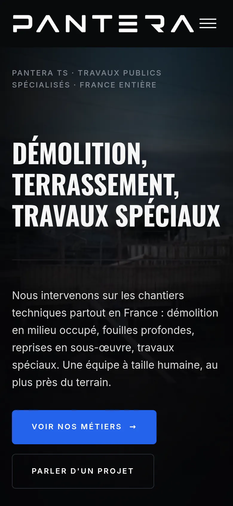 Page d’accueil du site de Pantera TS, sur téléphone.