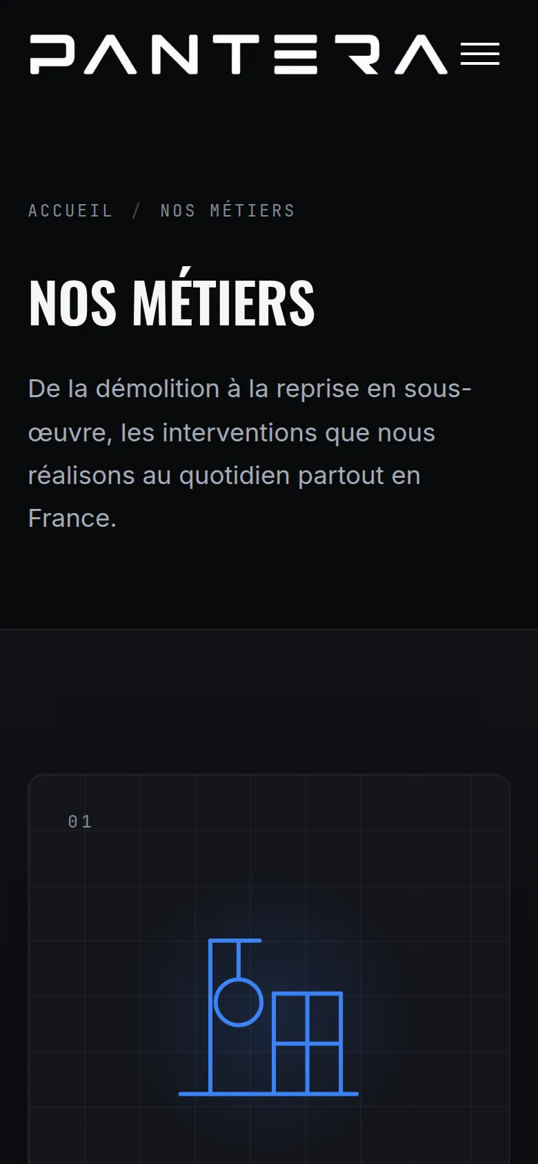 Page « Nos métiers » du site de Pantera TS, sur téléphone.