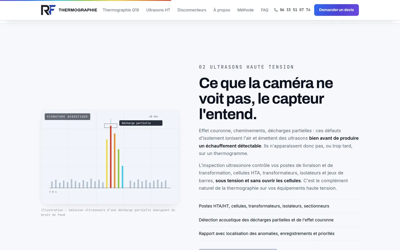 Section « Ultrasons HT » de l’accueil du site de RF Thermographie, sur ordinateur.