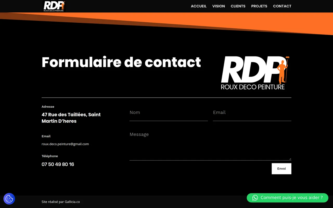 Section « Contact » de l’accueil du site de Roux Deco Peinture, sur ordinateur.