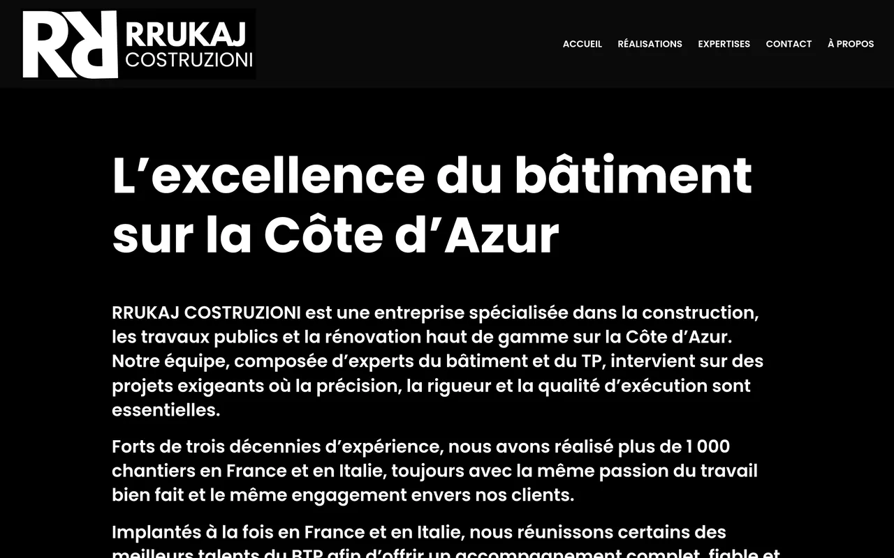 Page « À propos » du site de Rrukaj Costruzioni, sur ordinateur.