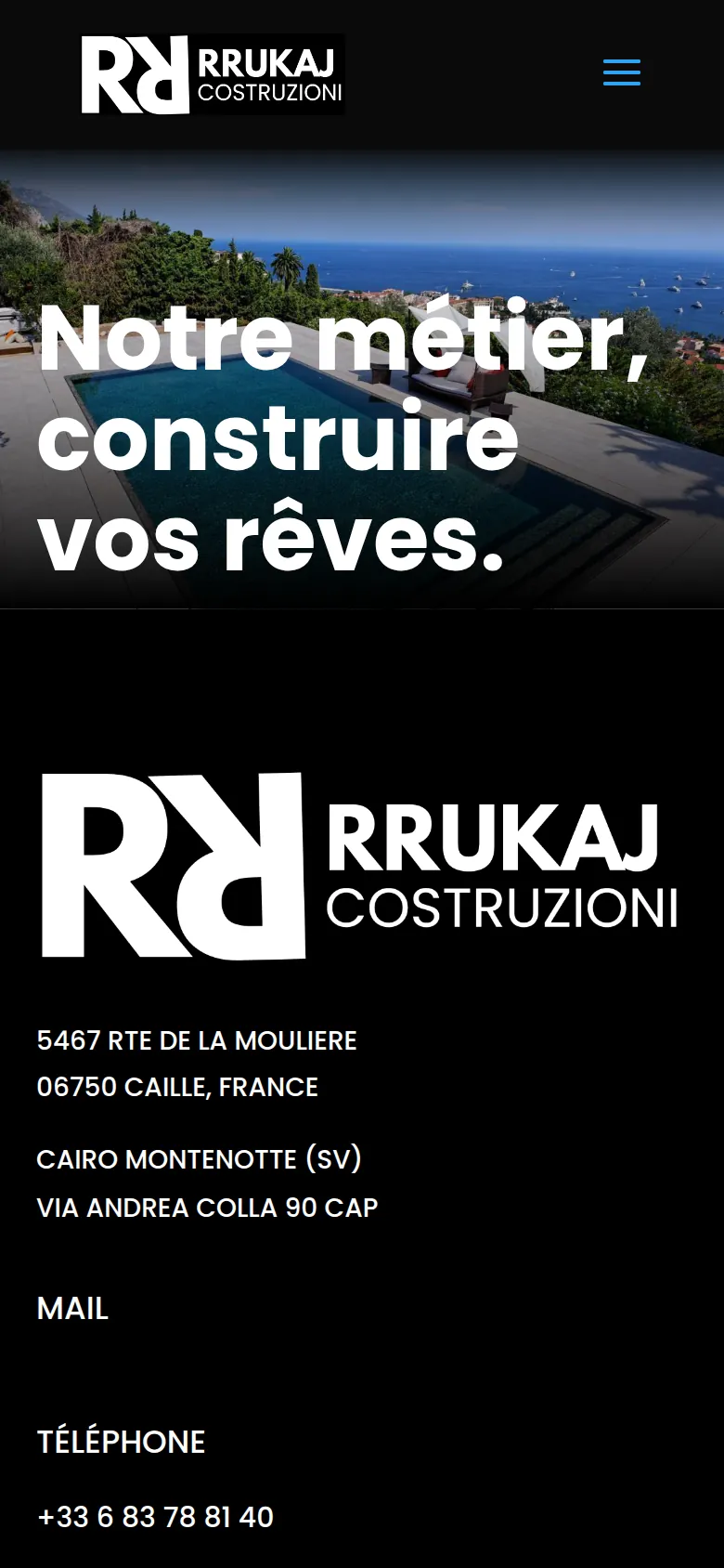 Page « Accueil » du site de Rrukaj Costruzioni, sur téléphone.