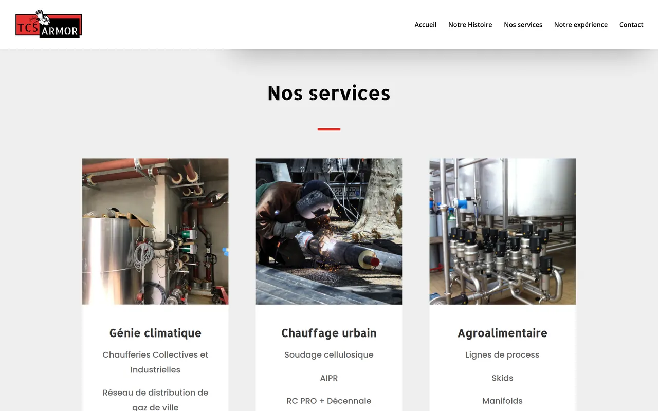 Section « Nos services » de l’accueil du site de TCS Armor, sur ordinateur.