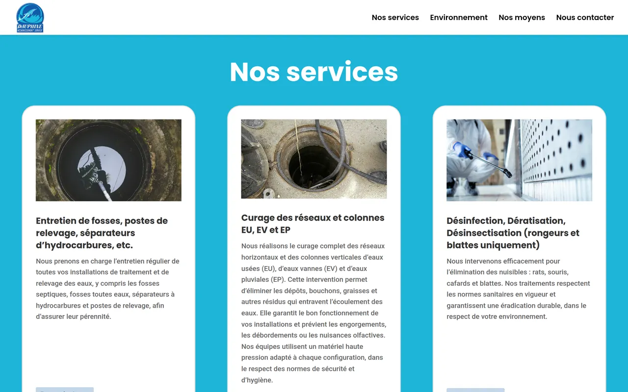 Section « Nos services » de l’accueil du site de Dauphiné Assainissement, sur ordinateur.