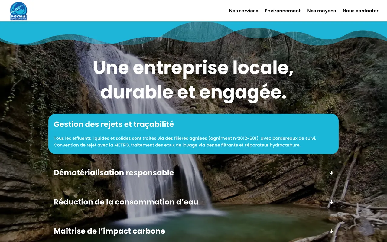 Section « Environnement » de l’accueil du site de Dauphiné Assainissement, sur ordinateur.