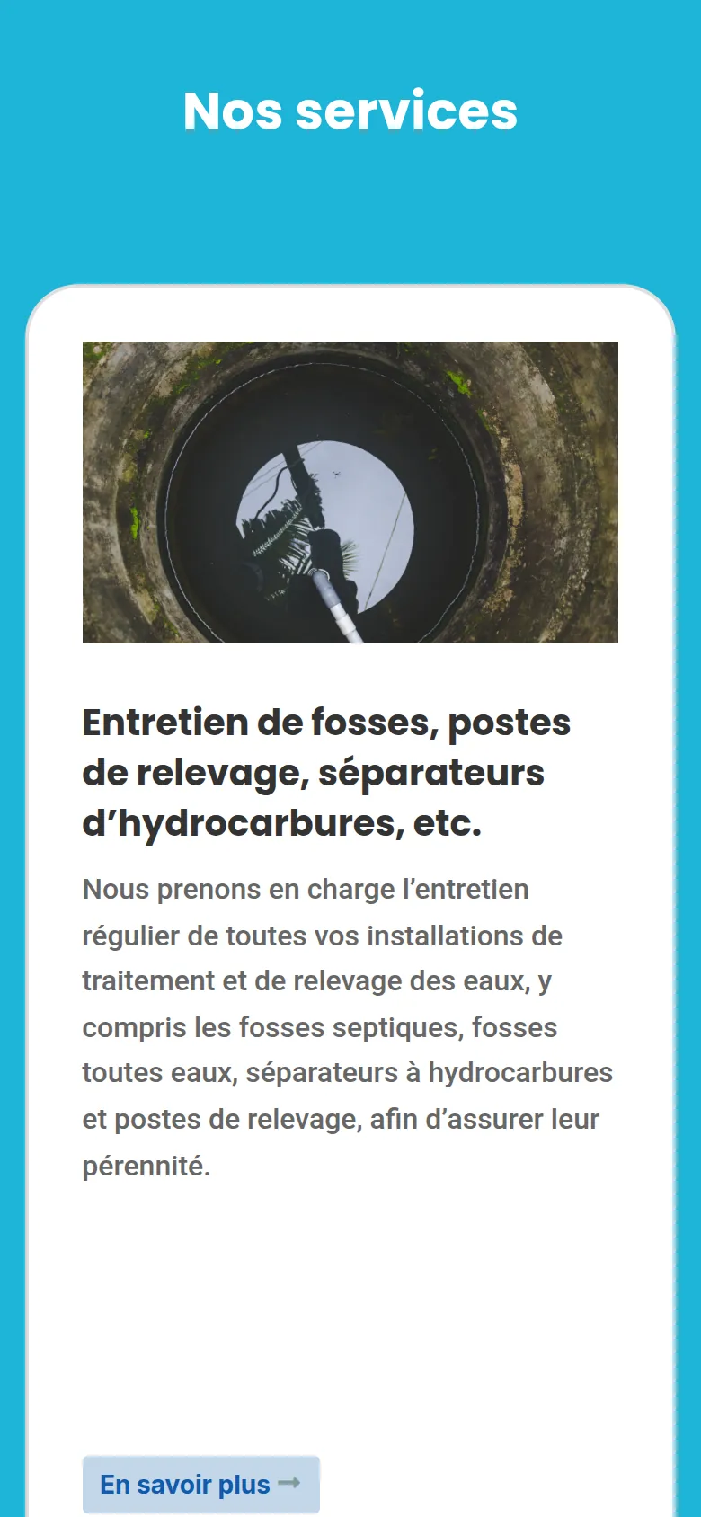 Section « Nos services » de l’accueil du site de Dauphiné Assainissement, sur téléphone.