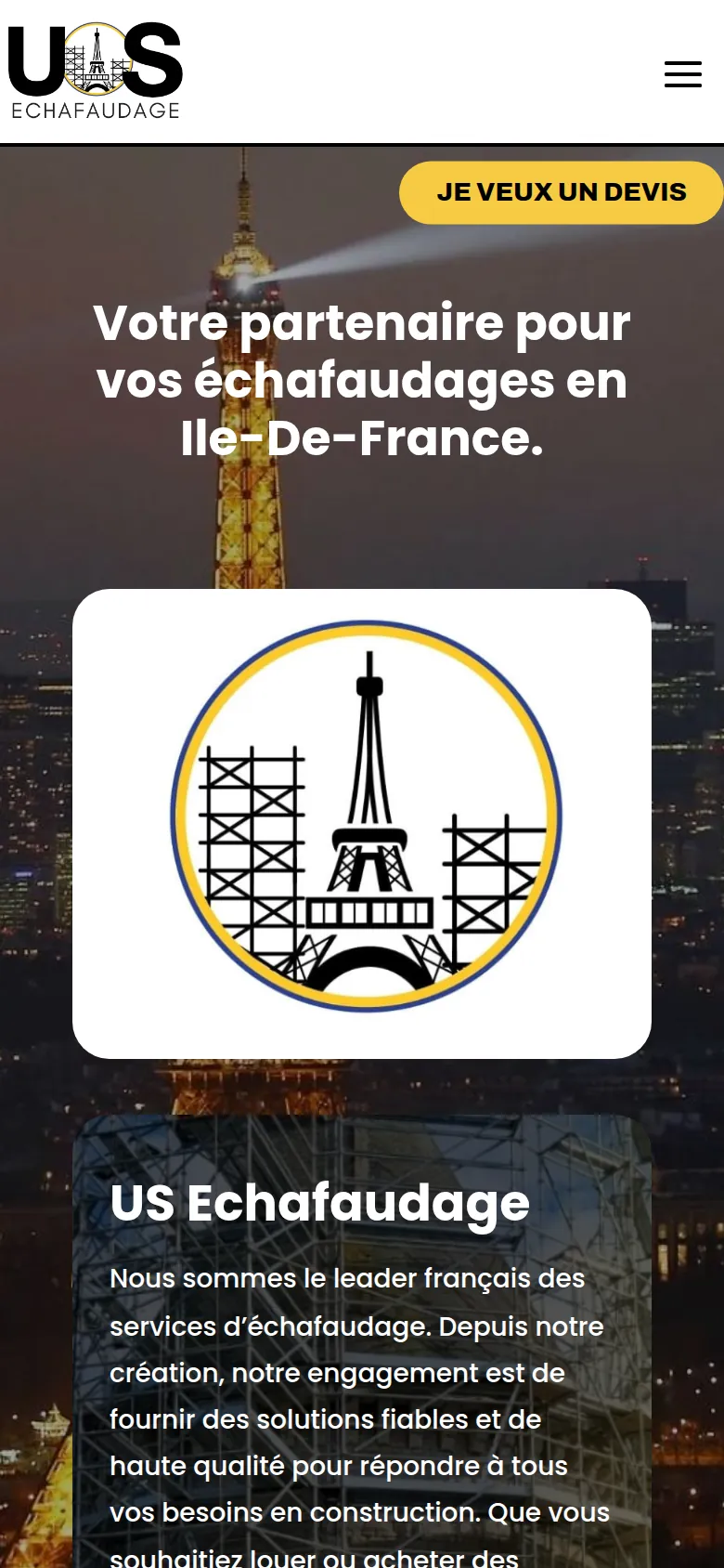 Page d’accueil du site d’US Échafaudage, sur téléphone.