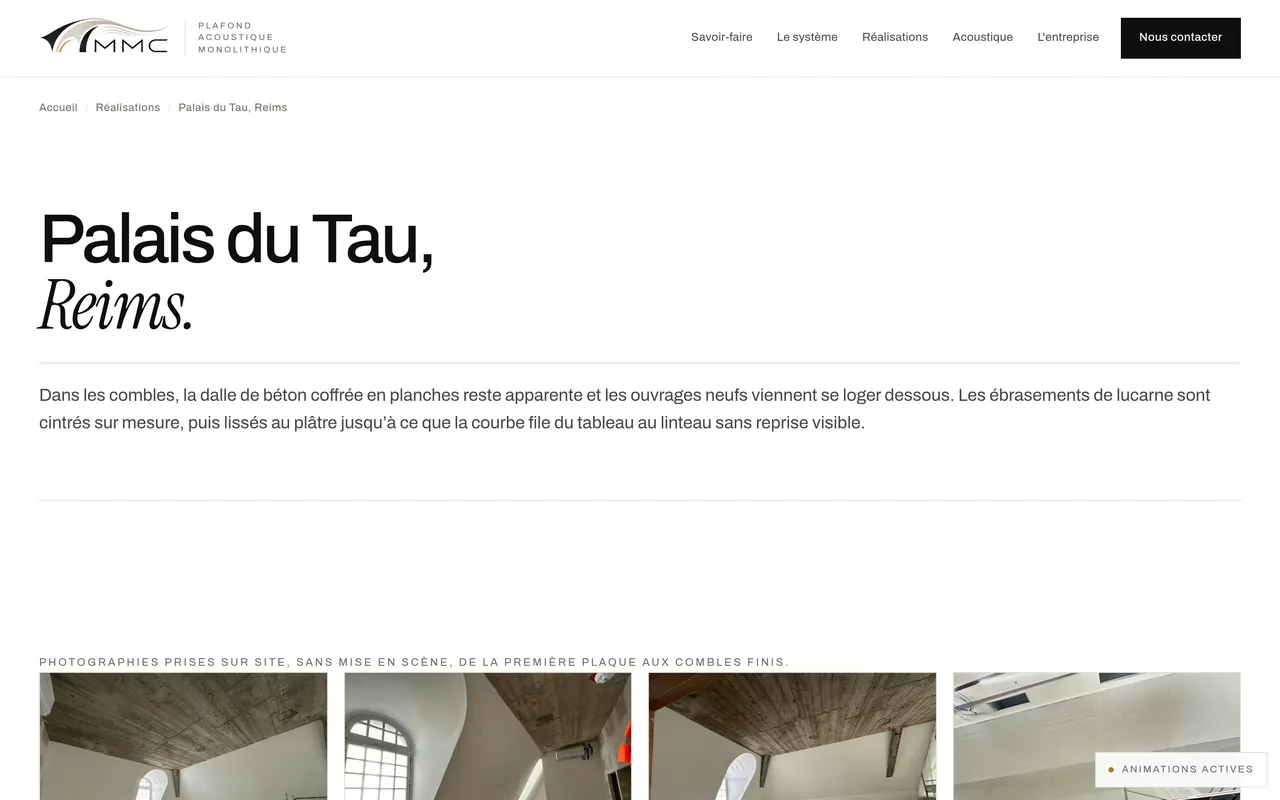 Page « Palais du Tau, Reims » du site de MMC Agencement, sur ordinateur.