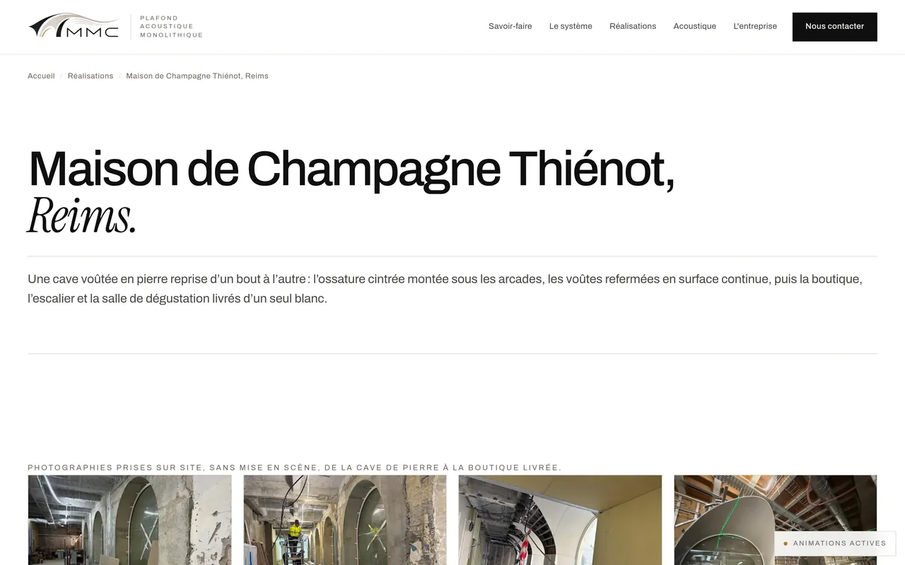 Page « Maison de Champagne Thiénot, Reims » du site de MMC Agencement, sur ordinateur.