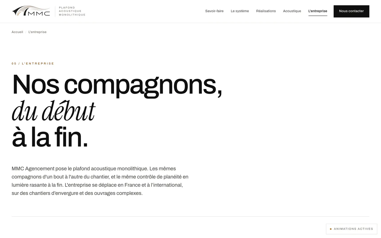Page « L’entreprise » du site de MMC Agencement, sur ordinateur.