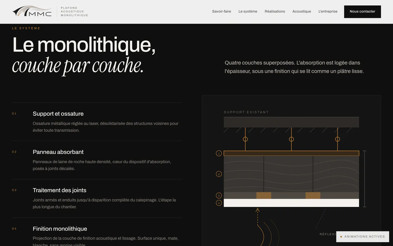Section « Le monolithique, couche par couche » de l’accueil du site de MMC Agencement, sur ordinateur.