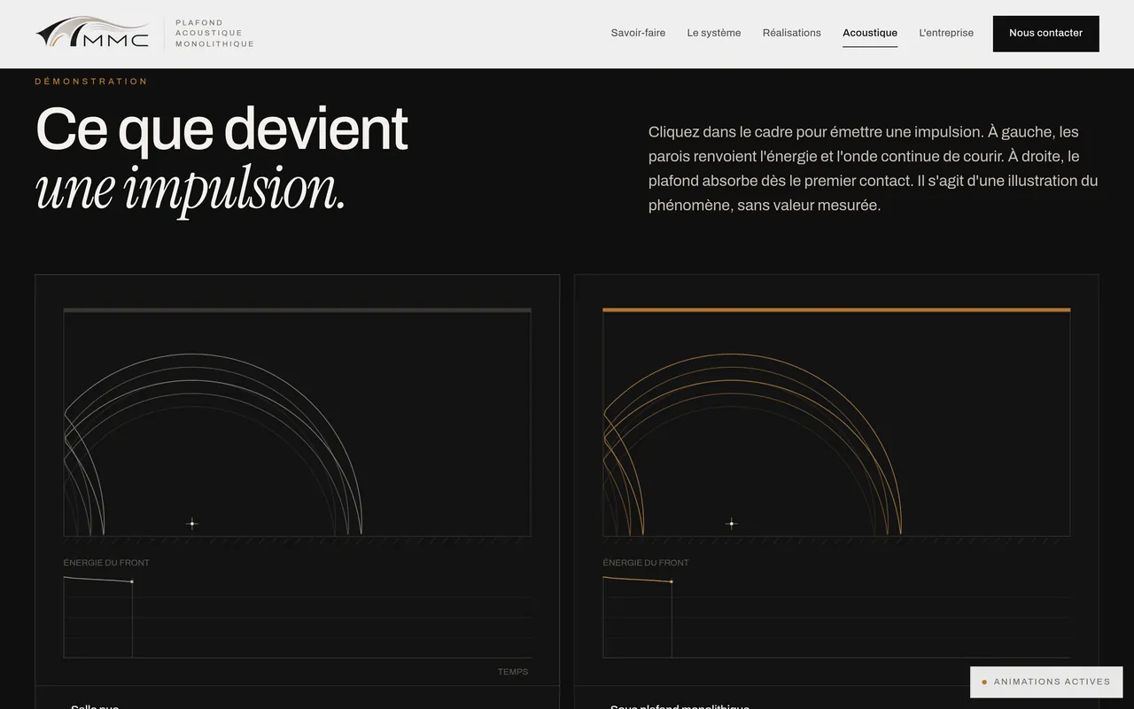 Section « Ce que devient une impulsion » de la page « Acoustique » du site de MMC Agencement, sur ordinateur.