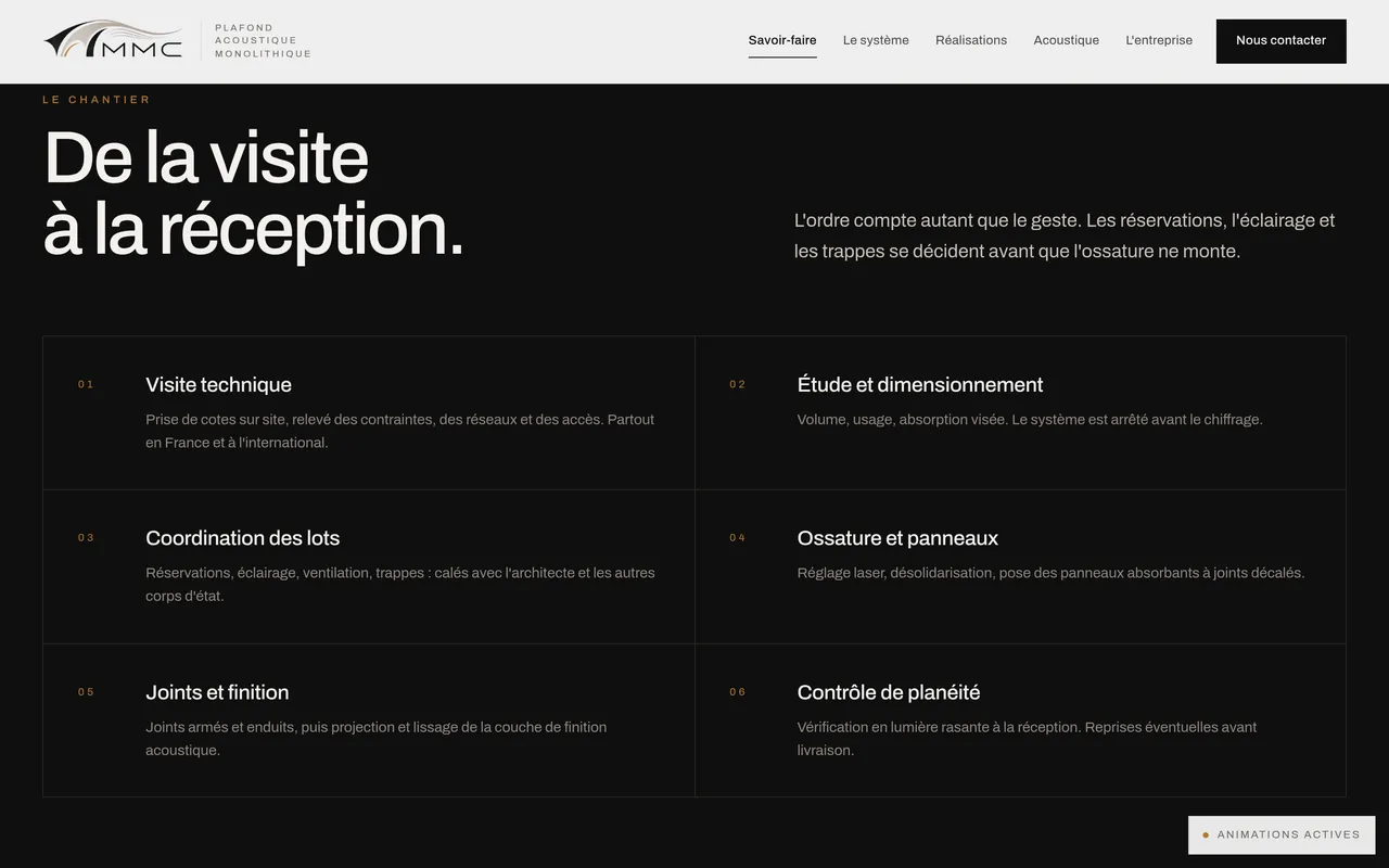 Section « De la visite à la réception » de la page « Savoir-faire » du site de MMC Agencement, sur ordinateur.