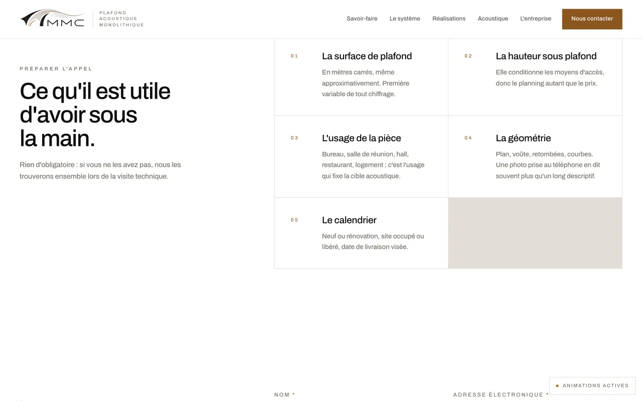 Section « Ce qu’il est utile d’avoir sous la main » de la page « Nous contacter » du site de MMC Agencement, sur ordinateur.