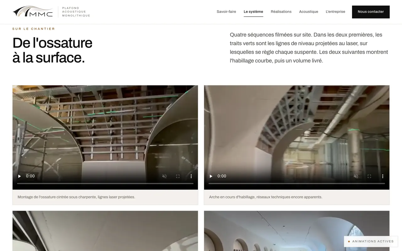 Section « De l’ossature à la surface » de la page « Le système » du site de MMC Agencement, sur ordinateur.