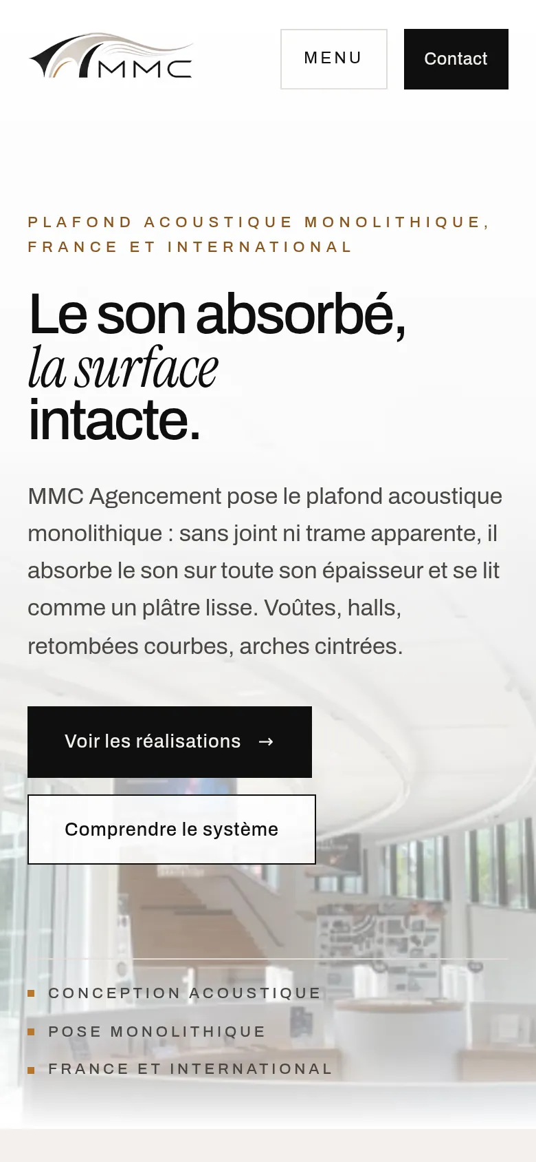 Page d’accueil du site de MMC Agencement, sur téléphone.