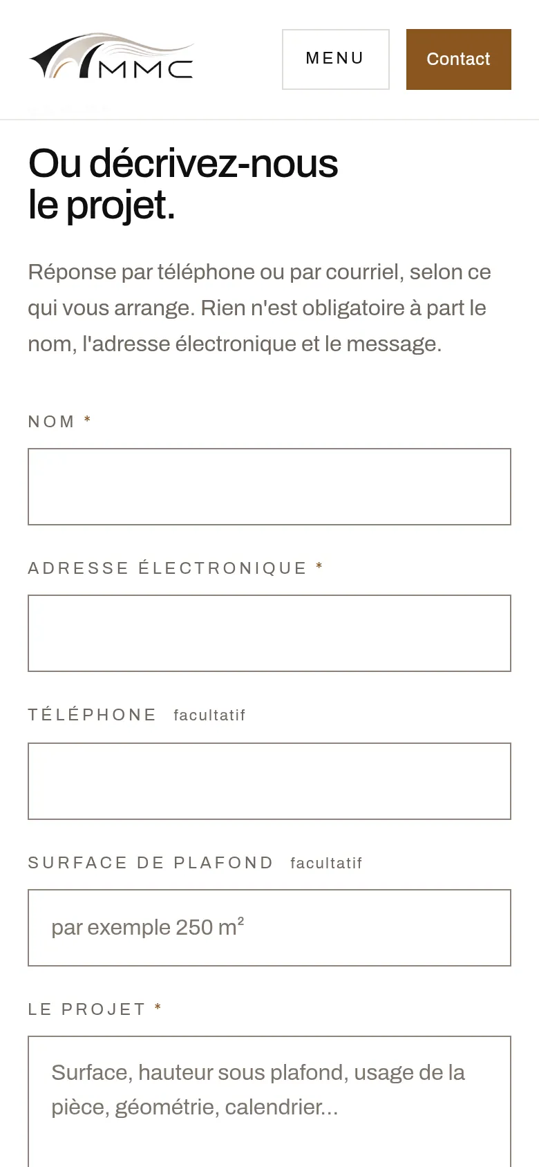 Section « Le formulaire » de la page « Nous contacter » du site de MMC Agencement, sur téléphone.