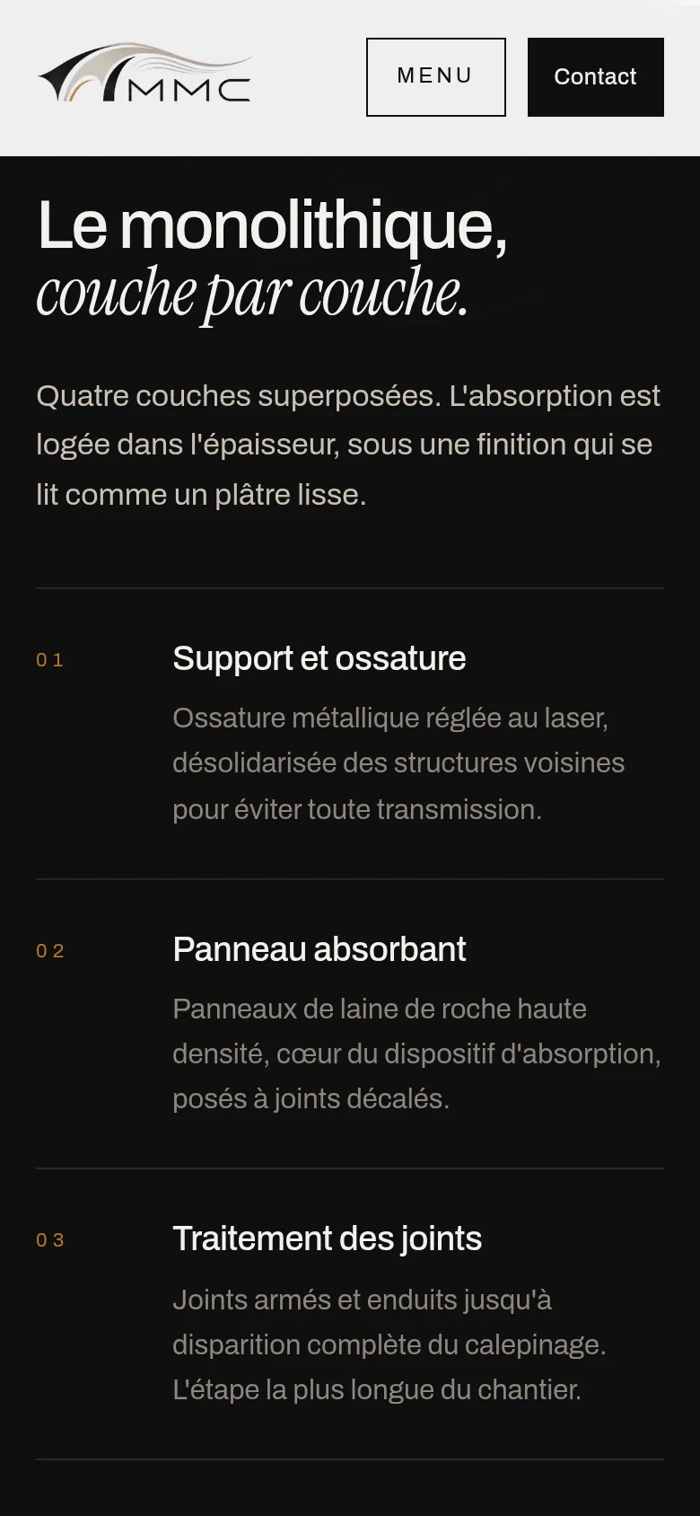 Section « Le système, sur l’accueil » de l’accueil du site de MMC Agencement, sur téléphone.