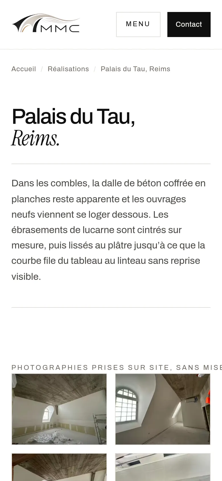 Page « Palais du Tau, Reims » du site de MMC Agencement, sur téléphone.