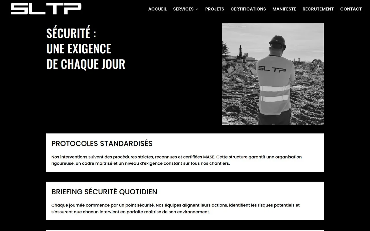 Section « Sécurité : une exigence de chaque jour » de l’accueil du site de SLTP, sur ordinateur.