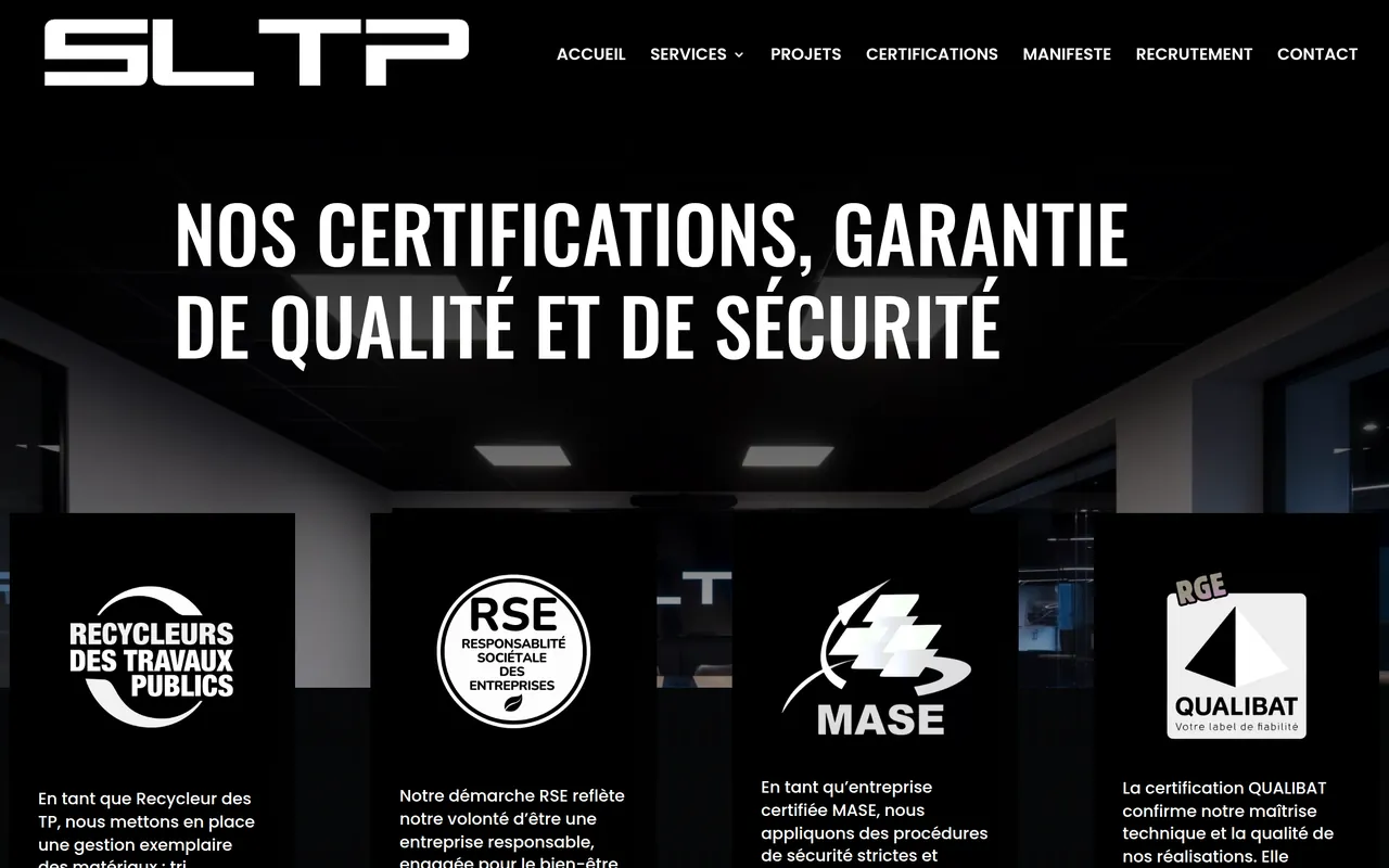 Page « Certifications » du site de SLTP, sur ordinateur.