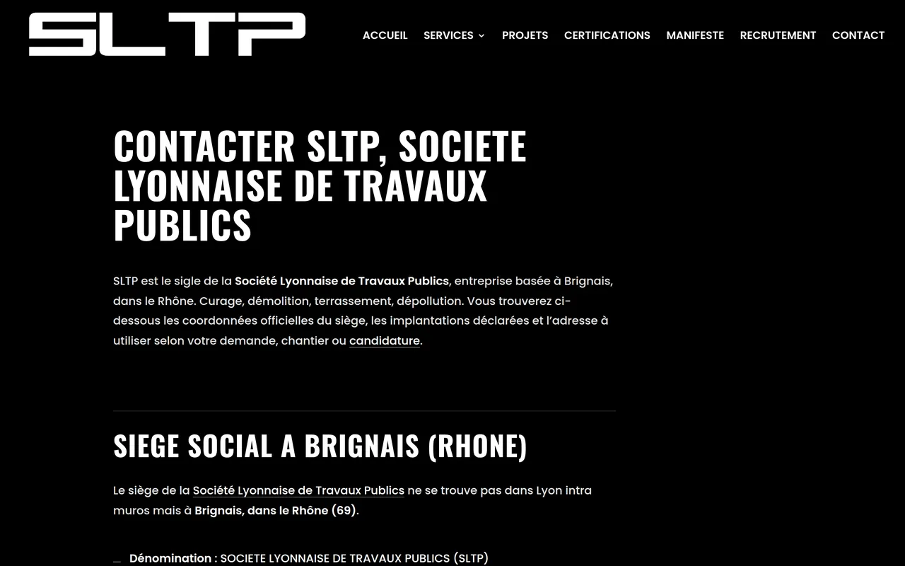Page « Contact » du site de SLTP, sur ordinateur.