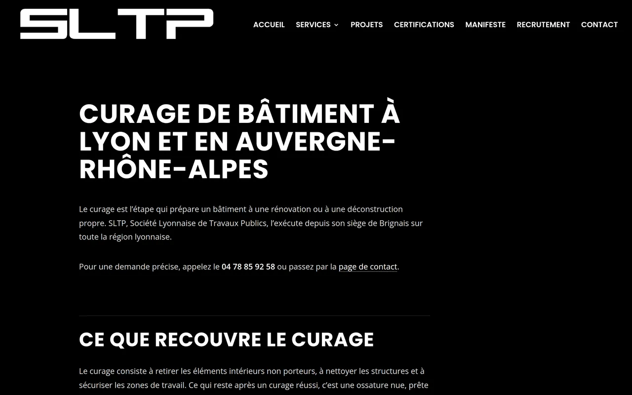 Page « Curage » du site de SLTP, sur ordinateur.