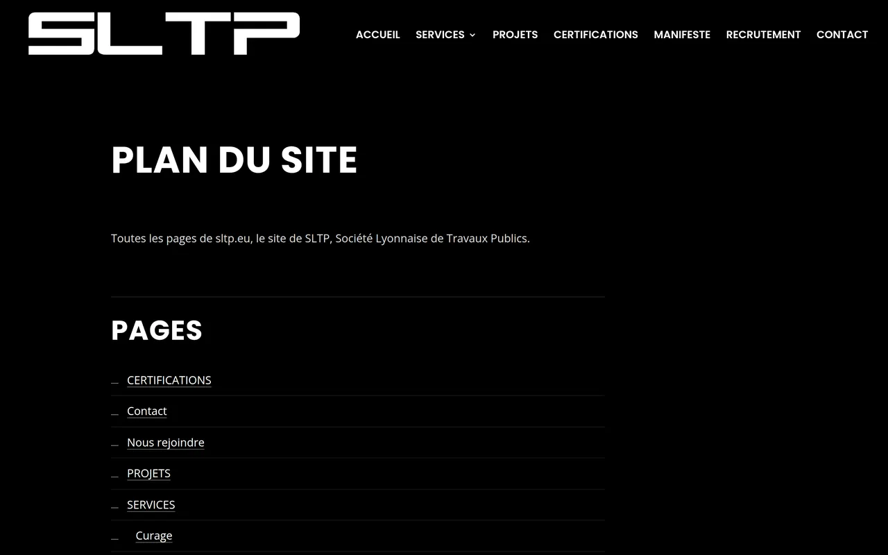Page « Plan du site » du site de SLTP, sur ordinateur.