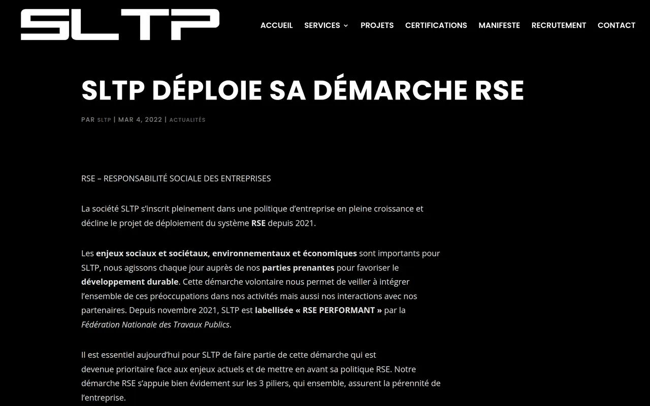 Page « La démarche RSE » du site de SLTP, sur ordinateur.