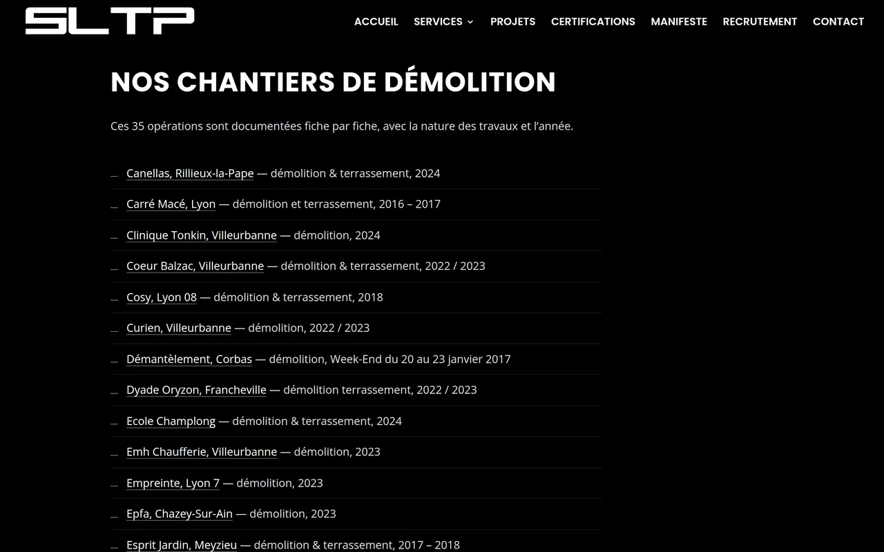 Section « Nos chantiers de démolition » de la page « Démolition » du site de SLTP, sur ordinateur.