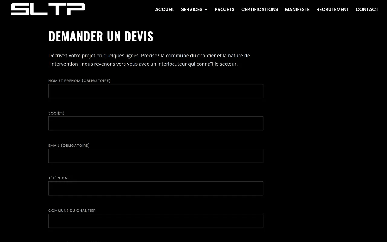 Section « Demander un devis » de la page « Contact » du site de SLTP, sur ordinateur.