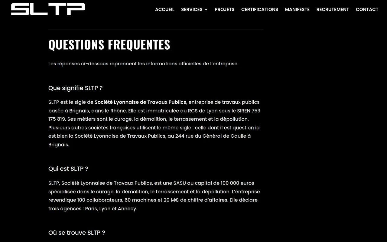 Section « Questions fréquentes » de la page « Contact » du site de SLTP, sur ordinateur.