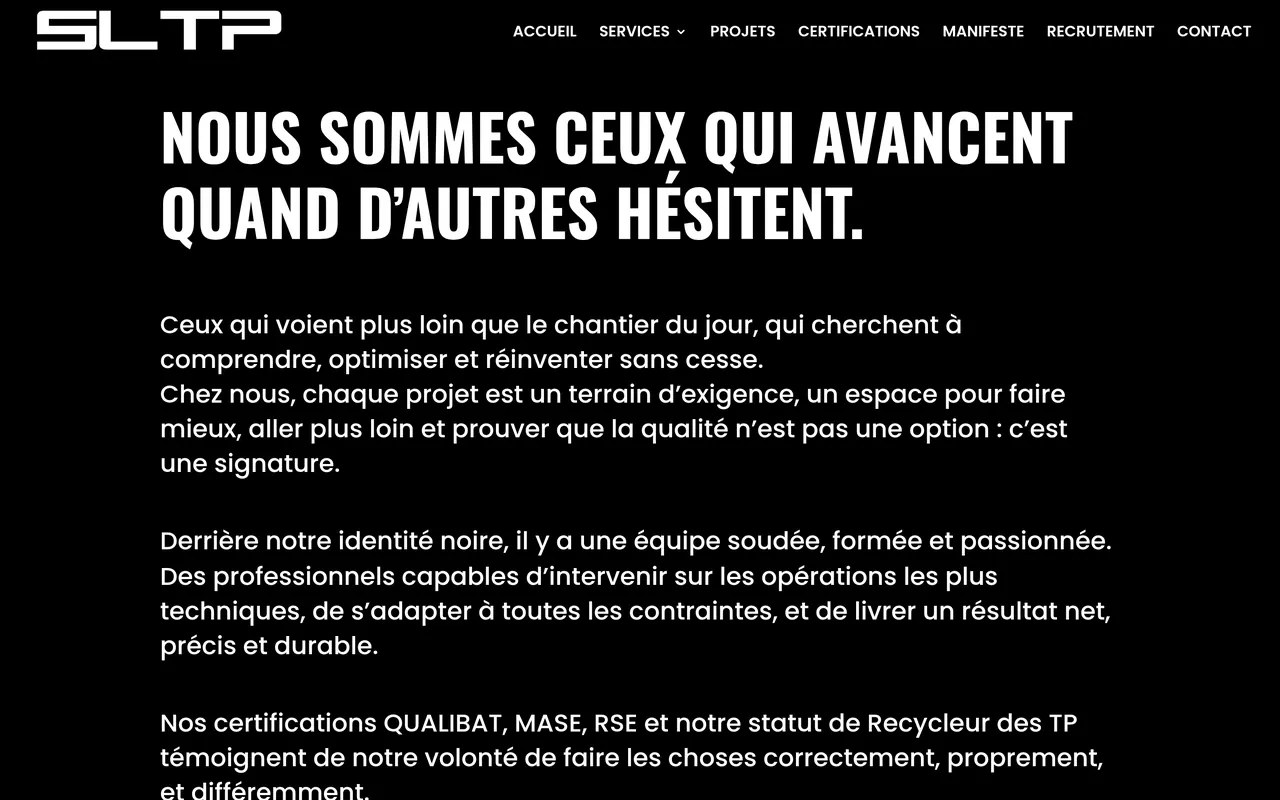 Section « Nous sommes ceux qui avancent » de la page « Manifeste » du site de SLTP, sur ordinateur.
