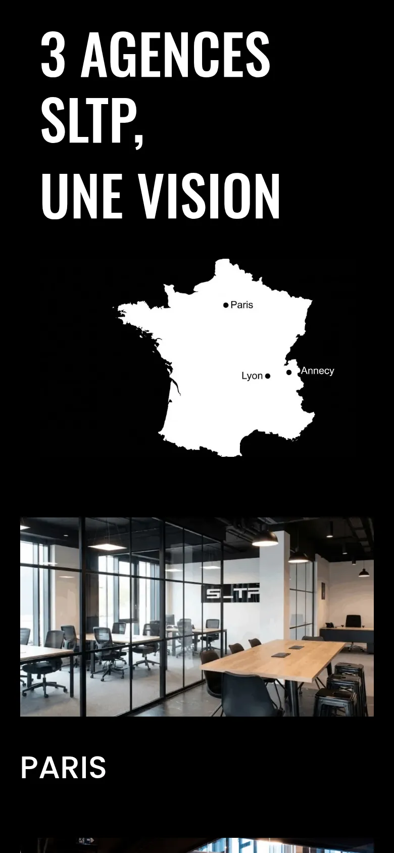Section « Trois agences » de l’accueil du site de SLTP, sur téléphone.