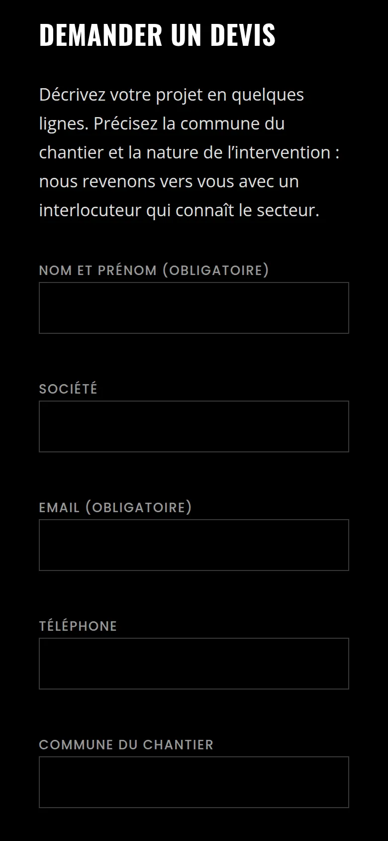 Section « Demander un devis » de la page « Contact » du site de SLTP, sur téléphone.