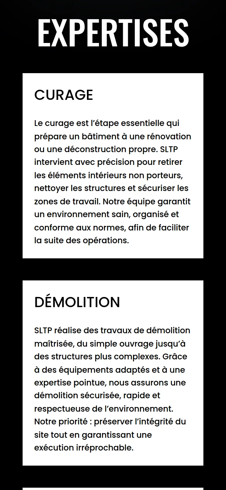 Section « Expertises » de l’accueil du site de SLTP, sur téléphone.