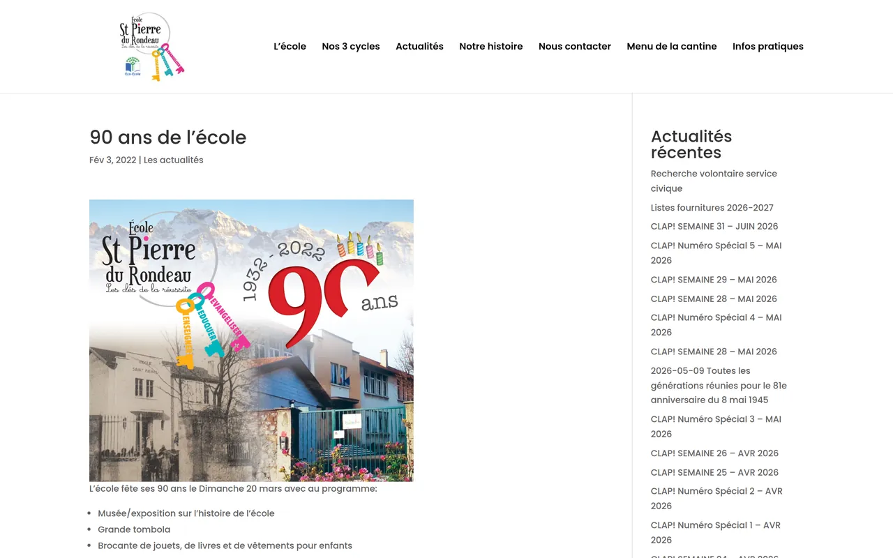 Page « 90 ans de l’école » du site de l’école Saint-Pierre du Rondeau, sur ordinateur.