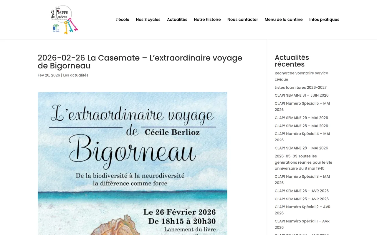 Page « La Casemate » du site de l’école Saint-Pierre du Rondeau, sur ordinateur.