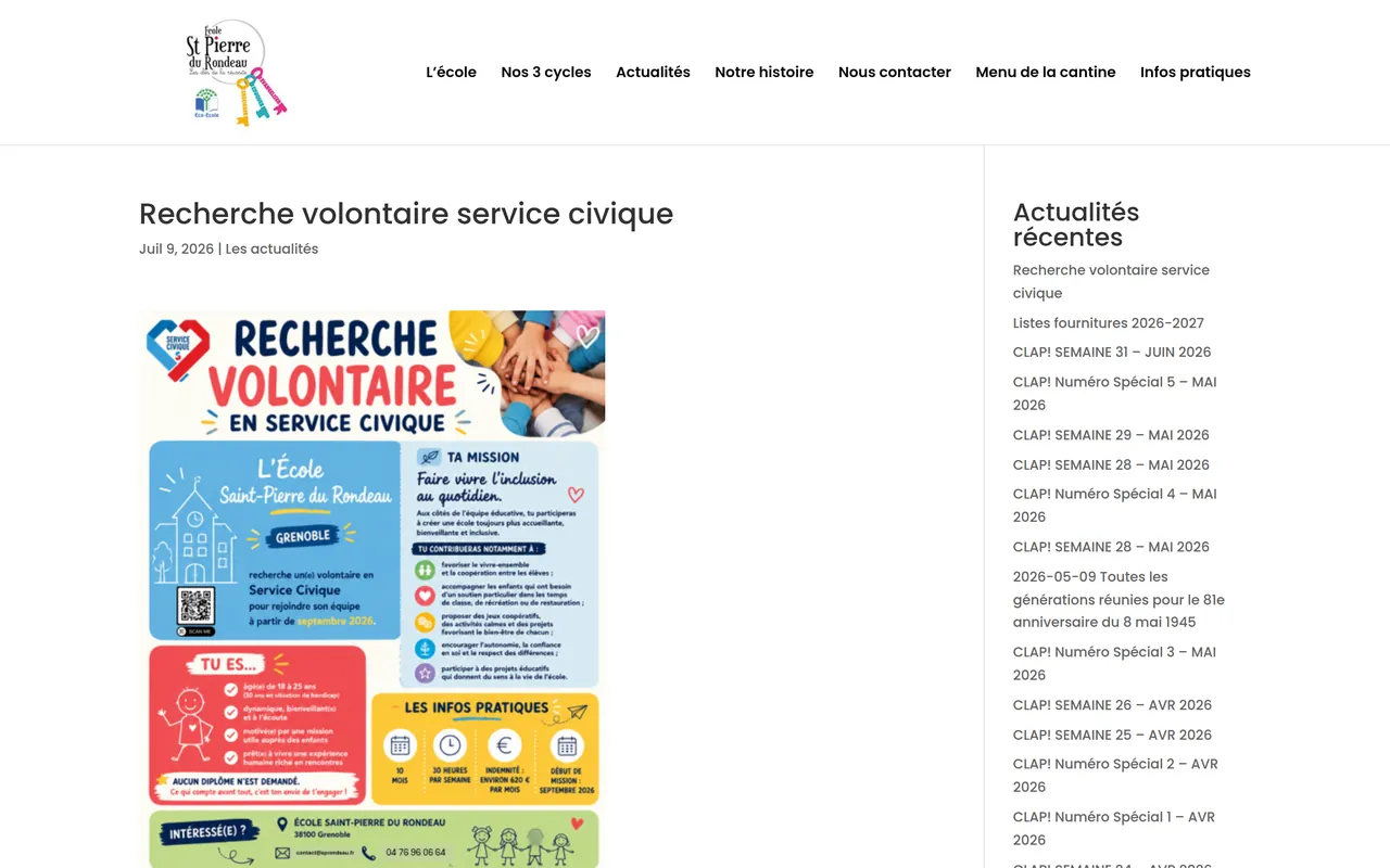 Page « Service civique » du site de l’école Saint-Pierre du Rondeau, sur ordinateur.