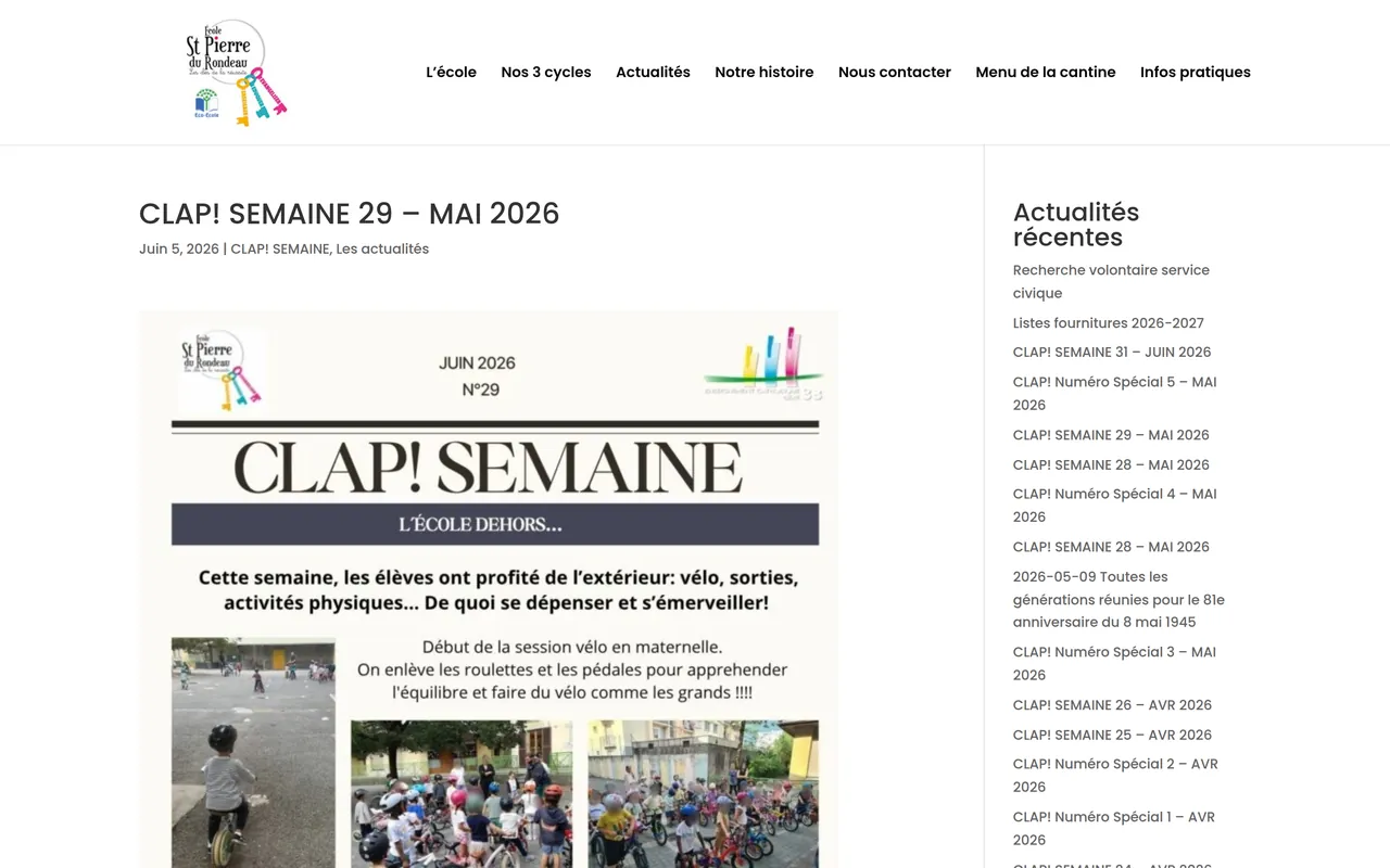 Page « Gazette n° 29 » du site de l’école Saint-Pierre du Rondeau, sur ordinateur.