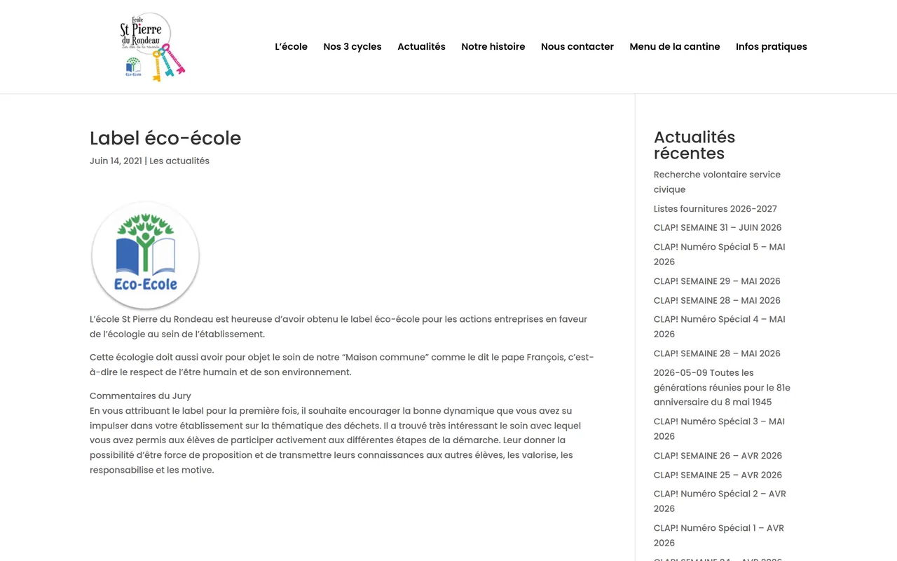 Page « Label Éco-École » du site de l’école Saint-Pierre du Rondeau, sur ordinateur.